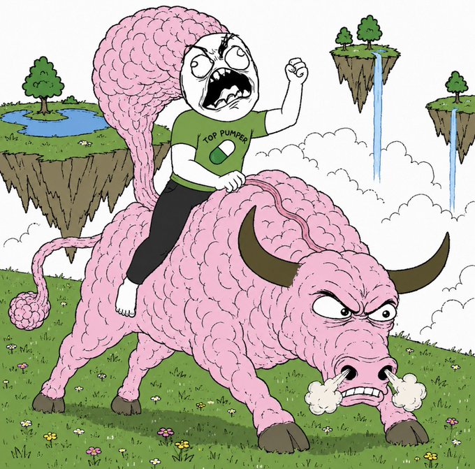 Cartoon illustration of an angry man wearing a 'TOP PUMPER' t-shirt riding a pink brain-like bull, with floating islands and clouds in the background.