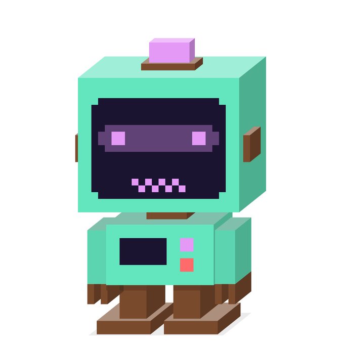 A teal voxel-style robot with a pixelated smile and pink visor eyes, featuring a pink antenna on its head, fits the "CONSO BOTS" theme of the giveaway post promoting free mint whitelist spots.