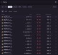 A dimly lit blockchain explorer showing a list of transactions with associated addresses and amounts.