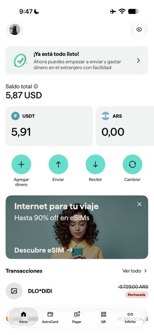 A mobile app screenshot in Spanish shows a balance of '5,87 USD' with 5.91 USDT, includes buttons for 'Agregar dinero', 'Enviar', 'Recibir', and 'Cambiar', and displays a transaction to 'DLO*DIDI' marked 'Rechazada'.