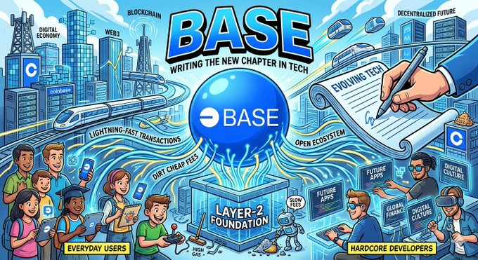 A large blue banner displays the text "BASE" and a graphic of a city skyline, with the words "writing the new chapter in tech" above it.