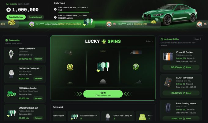 A gaming rewards website interface showing '1,000,000' credits balance, a 'LUCKY SPINS' slot machine, and a prize pool with items like a green BMW and iPhone 17 Pro Max.