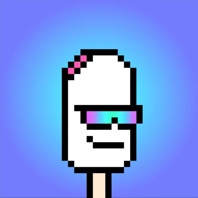 A pixel art illustration of a white popsicle on a stick with a smiling face, wearing pink and blue gradient sunglasses and a pink bow, set against a light blue background.