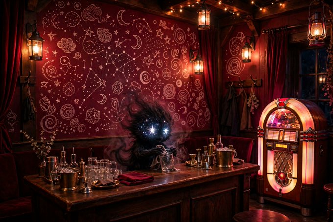 A dark, atmospheric bar scene with red walls decorated with mystical symbols, featuring a shadowy creature with glowing star eyes pouring a drink, alongside a vintage jukebox.