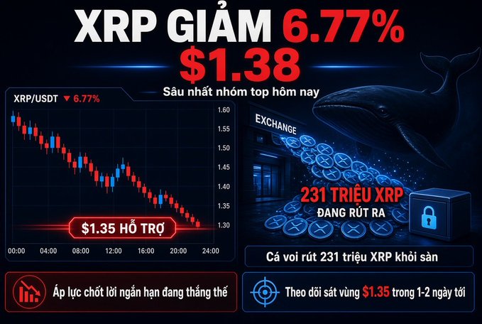A financial graphic showing XRP cryptocurrency down 6.77% at $1.38, featuring a candlestick chart and Vietnamese text indicating whales withdrew 231 million XRP.