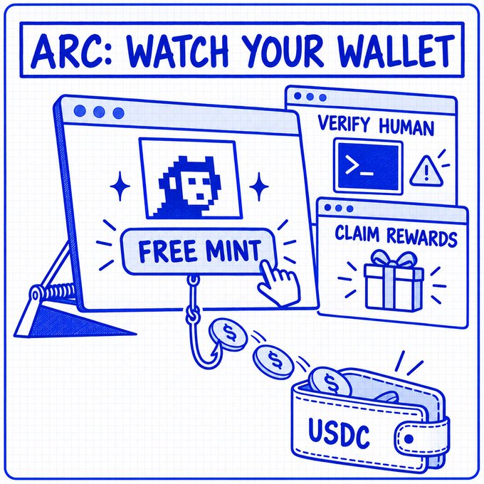 The illustration warns "ARC: WATCH YOUR WALLET" with a "FREE MINT" button hooked to a fishing line that's reeling USDC coins out of a wallet, alongside "VERIFY HUMAN" and "CLAIM REWARDS" browser windows—visualizing the post's warning that excitement over Arc's public mainnet launch (built by Circle for USDC) is already being exploited by drainers, with one trader losing ~$600k before completing their first mint.