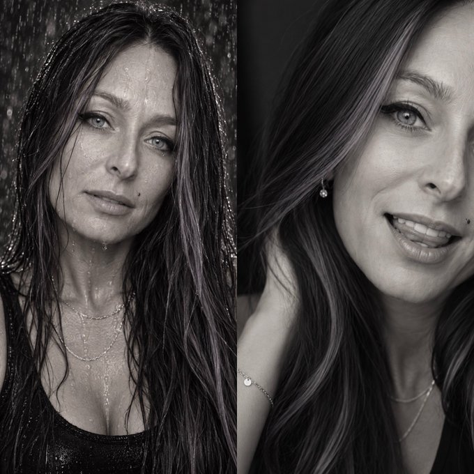 A black-and-white side-by-side comparison of a woman with long dark hair, blue eyes, and a beauty mark. The left image shows her with a wet, serious expression and messy hair, while the right image shows her smiling warmly with styled hair, wearing a delicate necklace.