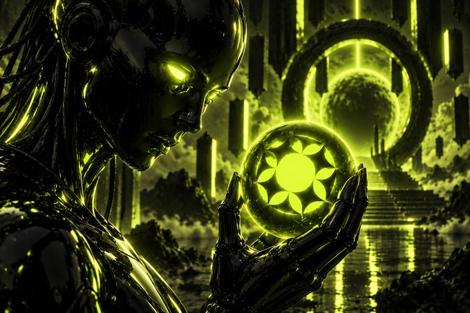 A sleek, metallic figure with glowing green eyes cradles a luminous green sphere etched with a geometric floral pattern, set against a surreal landscape of towering monoliths and a radiant portal. The image evokes themes of artificial intelligence harnessing hidden power, mirroring the post's idea of interconnected systems—agents and exchanges—working in synergy to unlock value and drive momentum for $OBS and $AOBS.