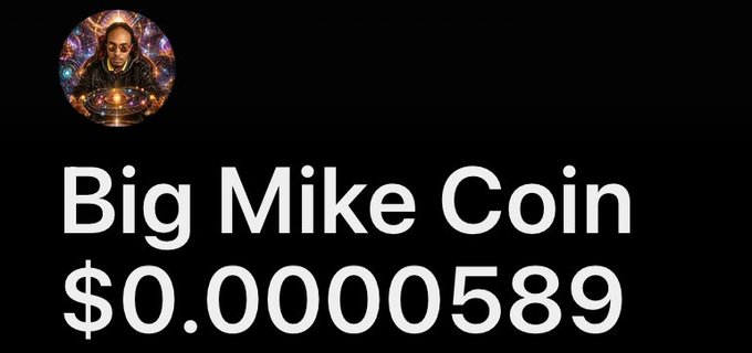 A black graphic displays 'Big Mike Coin' with a price of $0.00000589, accompanied by a small circular avatar of a person with a glowing crystal ball.