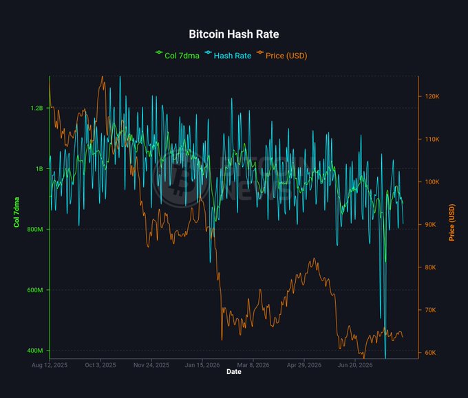 A Bitcoin Hash Rate chart from Aug 2025 to June 2026 displays hash rate (blue, Col 7dma in green), and price in USD (orange), illustrating the 33% decline in hash rate from the October 2025 peak of ~1.3 zettahashes per second to ~861 exahashes per second, alongside Bitcoin's price falling from ~$120K to the $60-70K range.