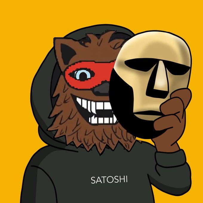 A cartoon illustration of a brown furry creature in a black hoodie holding a mask, with the name 'SATOSHI' written below on an orange background.
