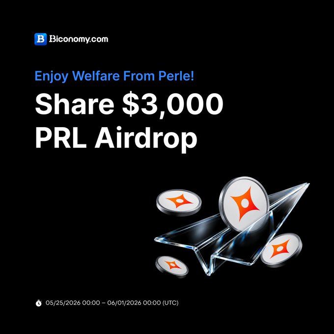 The image features a poster for an Airdrop campaign that encourages people to join by sharing $3,000 with others. The poster includes a clear glass airplane design and coins scattered around it, symbolizing the act of sharing. The text on the poster promotes the idea of "enjoy welfare from Perle" and highlights the opportunity to share $3,000 in PRL Airdrop rewards for users who participate in the campaign.
