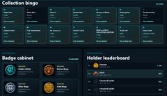 A dark-themed dashboard UI displaying 'Collection listings', 'Badge cabinet', and 'Holder leaderboard' sections.