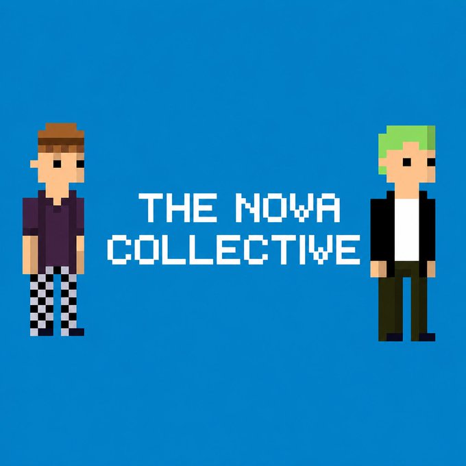 The image features two cartoon characters standing next to each other against a blue background, with text that reads "The Nova Collective". The characters are wearing different colored outfits - one character has a purple shirt while the other has a black jacket. This scene is related to the post because it appears to be an advertisement for a collectible item or service on social media platforms like Instagram and Twitter.