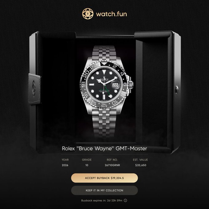 A product page from watch.fun showing a Rolex 'Bruce Wayne' GMT-Master watch (Ref. 26710GNR, Grade 10, 2026) with an estimated value of $20,650, offering a buyback option for $19,204.50.