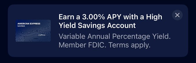 An advertisement banner for American Express High Yield Savings offering '3.00% APY' with the disclaimer 'Variable Annual Percentage Yield. Member FDIC. Terms apply.'