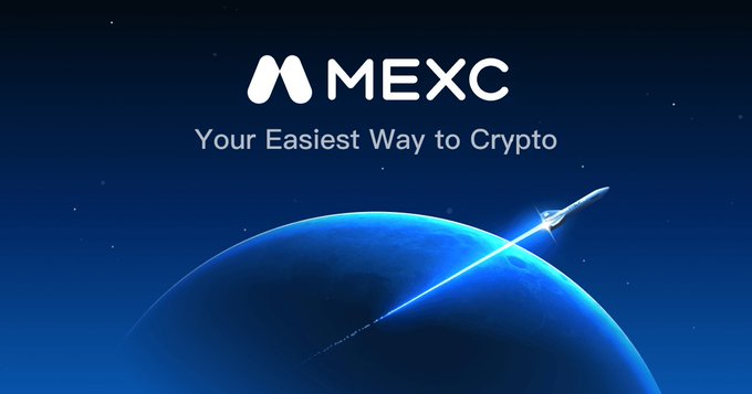An advertisement for MEXC cryptocurrency exchange with the tagline 'Your Easiest Way to Crypto' displayed over a blue planet and rocket illustration in space.