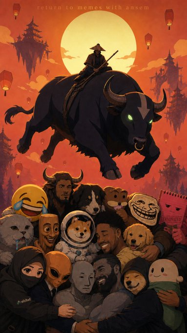 An illustrated poster showing a samurai riding a large bull against an orange sunset, with text 'return to memes with ansem' and a crowd of meme characters below.