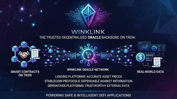A promotional graphic for 'WinkLink' describing it as 'The Trusted Decentralized Oracle Backbone on Tron,' featuring illustrations of smart contracts, the oracle network, and real-world data.