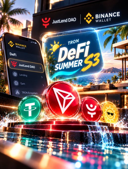 A vibrant promotional image showcases the "TRON DeFi SUMMER S3" campaign featuring the JustLend DAO and Binance Wallet partnership. The visual displays a smartphone interface with DeFi options including JustLend DAO, Lending, Earn, and the TRON Ecosystem, alongside colorful TRON blockchain tokens set against a luxurious tropical resort backdrop.