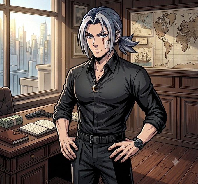 An anime-style illustration depicts a silver-haired man in a black shirt standing in an office with a world map, a handgun on the desk, and cash nearby.