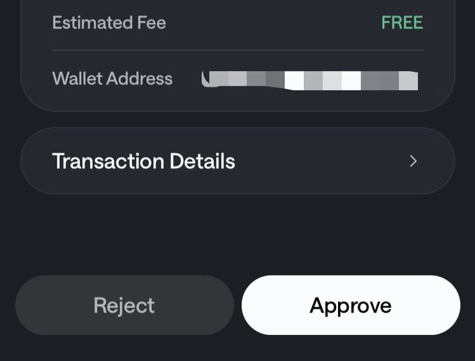 A mobile app screen displays a transaction confirmation with "Estimated Fee" shown as "FREE," a blurred wallet address, a "Transaction Details" option, and "Reject" and "Approve" buttons at the bottom. This visually reinforces the post's claim of zero gas fees when using Linq to offramp fiat on Sui to Naira instantly.