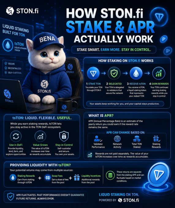An infographic titled "HOW STON.fi STAKE & APR ACTUALLY WORK" explains staking mechanics using a cartoon cat character wearing a "BENA" cap.
