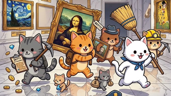 A group of cartoon cats dressed as miners and thieves, holding pickaxes and brooms, are depicted stealing famous artworks including the Mona Lisa, Van Gogh's "Starry Night," and Klimt's "The Kiss," with some cats holding signs labeled "SKITTY." The image playfully illustrates the concept of "sweeping" NFT collections, likening the act to a heist of valuable art pieces, tying into the post's call for the community to rally behind their favorite Robinhood NFT collection for a featured sweep.