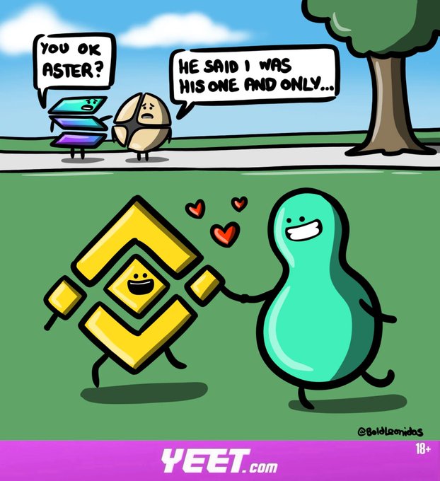 A comic shows the Aster DEX mascot asking "You ok Aster?" in response to Aster's BNB Chain logo claiming "He said I was his one and only...", while below, a Binance logo and blob character flirt with hearts. The image humorously illustrates the post's mention of "Binance lists HYPE," playing on Binance's history of promoting multiple projects while leaving others feeling replaced.