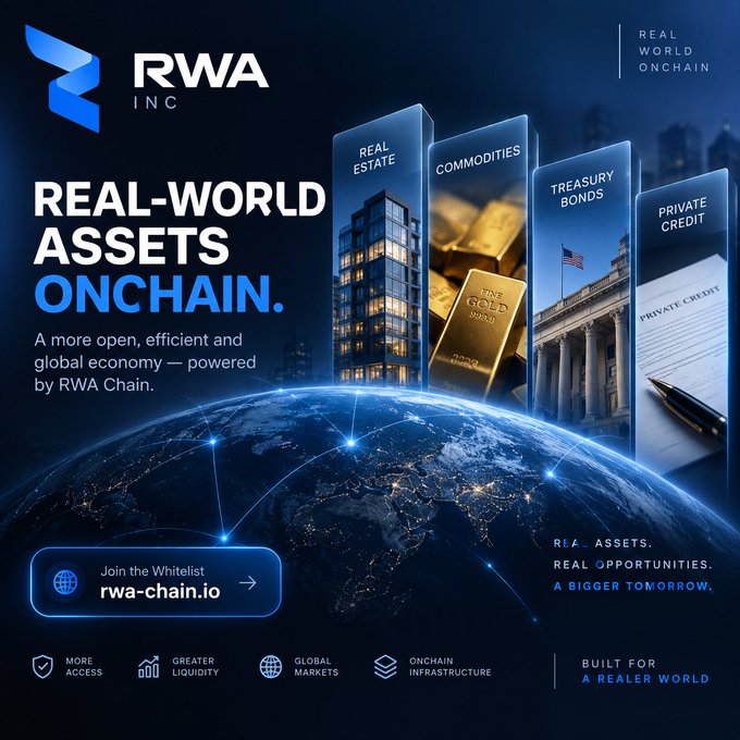 A promotional graphic for 'RWA INC' with the headline 'REAL-WORLD ASSETS ONCHAIN', featuring imagery of real estate, gold bars, treasury bonds, and private credit, directing viewers to 'rwa-chain.io'.