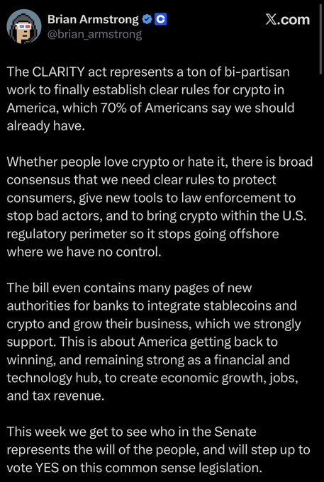 A tweet from Brian Armstrong (@brian_armstrong) advocating for the CLARITY act to establish bipartisan crypto regulations in America, citing 70% American support and benefits for consumers, law enforcement, banks, and stablecoins.