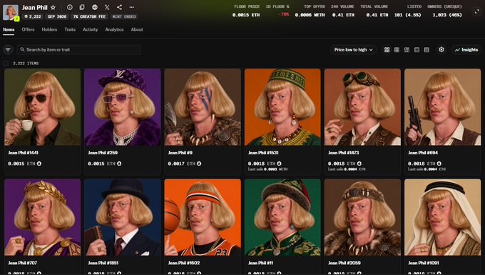 A screenshot of a cryptocurrency trading interface displaying a collection of NFTs titled 'Joan Phil', featuring various stylized portraits of a blonde character in different costumes with prices in ETH.