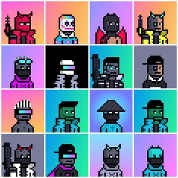 A grid of 16 pixel-art character portraits featuring various figures including demons, ninjas, and warriors on brightly colored backgrounds.