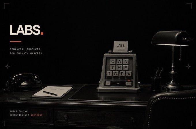 An advertisement for 'LABS. Financial Products for Onchain Markets' featuring a desk with a vintage telephone, a cash register displaying 'OWN THE IDEA', and a lamp.