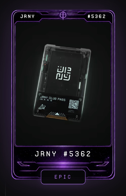 Digital collectible card with neon purple border labeled 'JRNY #5362' displaying an electronic device with 'JRNY CLUB PASS' text and a QR code, marked 'EPIC'.