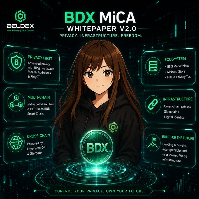 Beldex's 'BDX MiCA WHITEPAPER V2.0' promotional graphic featuring an anime-style character highlighting features like Privacy First, Multi-Chain, Cross-Chain, Ecosystem, Infrastructure, and Built for the Future.