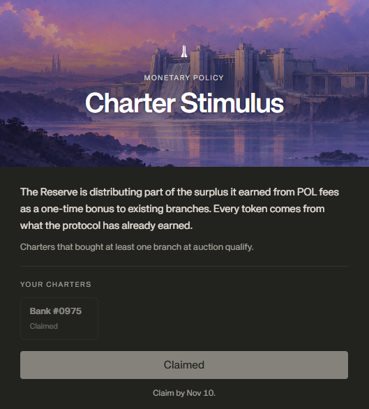 A dark-themed interface displays "Charter Stimulus" under "Monetary Policy," explaining a one-time bonus distribution from POL fees, with a status of "Claimed" for "Bank #0975" and a deadline of "Claim by Nov 10."