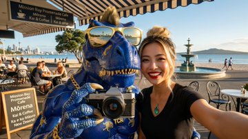 A young woman takes a selfie with a blue dinosaur mascot wearing sunglasses at what appears to be a waterfront cafe.