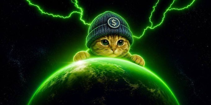 A cat wearing a "$" beanie peers over a green-glowing Earth with lightning bolts striking in the background, symbolizing the explosive potential of the $CATWIF token on Solana as it gains momentum and community strength.