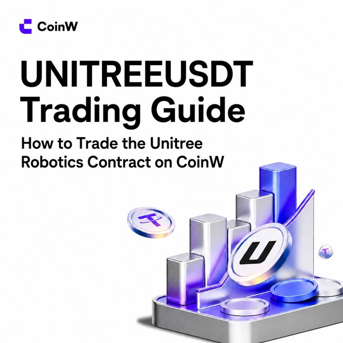 A CoinW promotional graphic titled 'UNITREEUSDT Trading Guide' with the subtitle 'How to Trade the Unitree Robotics Contract on CoinW', featuring 3D-rendered purple and silver cryptocurrency coins and bar charts.