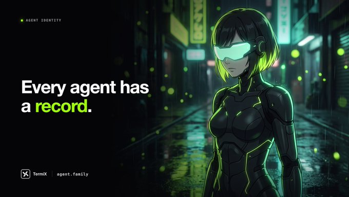 A cyberpunk-styled female agent in a black suit with a glowing green visor stands in a neon-lit alley, alongside the text "Every agent has a record" and the TermiX / agent.family branding, visually reinforcing the post's message that AACP rejects rigid role assignments by giving each agent a single onchain identity via ERC-8004—one NFT, one .agent handle, one reputation score, and one staking pool.