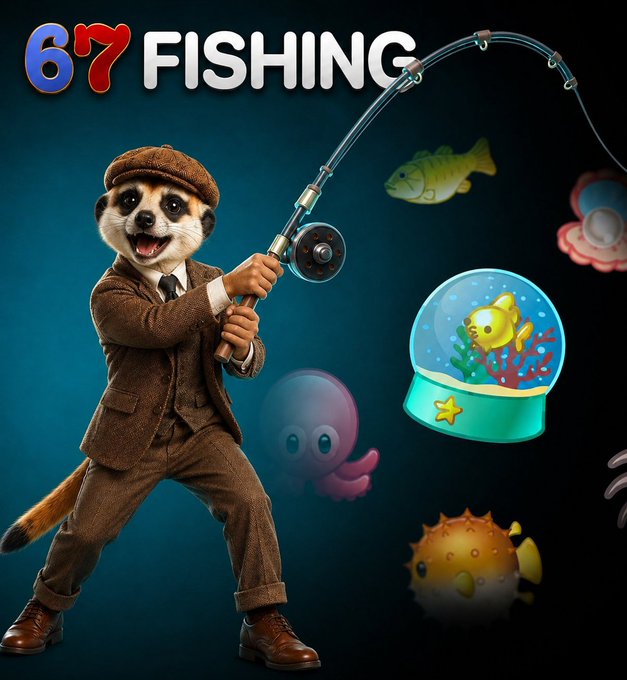 A dapper meerkat in a brown suit and cap reels in a fishing rod, with the text "67 FISHING" displayed above alongside cartoon sea creatures, playfully illustrating the "$67 Maxxing" theme of continued upward momentum.