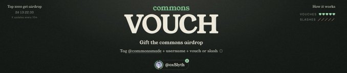 A dark-themed graphic for 'commons VOUCH' instructing users to tag @commonsmode with their username to gift the commons airdrop, branded by @oxSlyth.