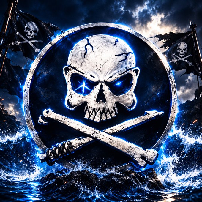 A digital artwork depicting a menacing cracked skull with glowing blue eyes above crossed bones, set within a circular frame with pirate flags against a stormy ocean backdrop.