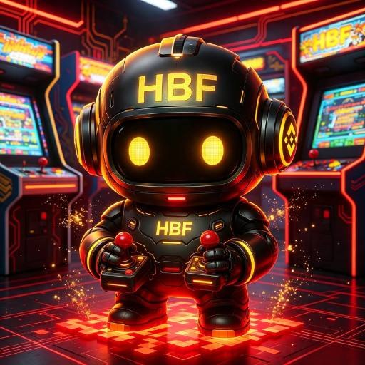 A futuristic robot mascot labeled "HBF" stands in a neon-lit arcade holding glowing controllers, symbolizing the power of AI and memory. The image visually reinforces the post's message about intelligence and data growth, tying into the $HBF token and its @HBF_MEMORY branding.
