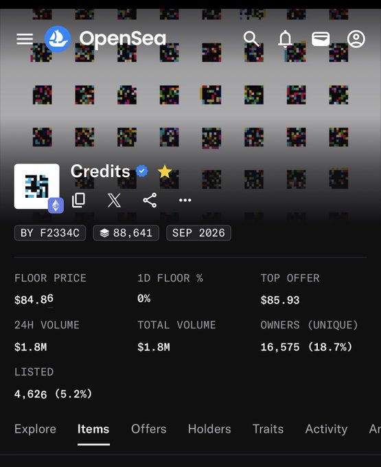 An OpenSea app screen displays the 'Credits' NFT collection page showing a floor price of $84.86, 24H volume of $1.8M, and 88,641 items.