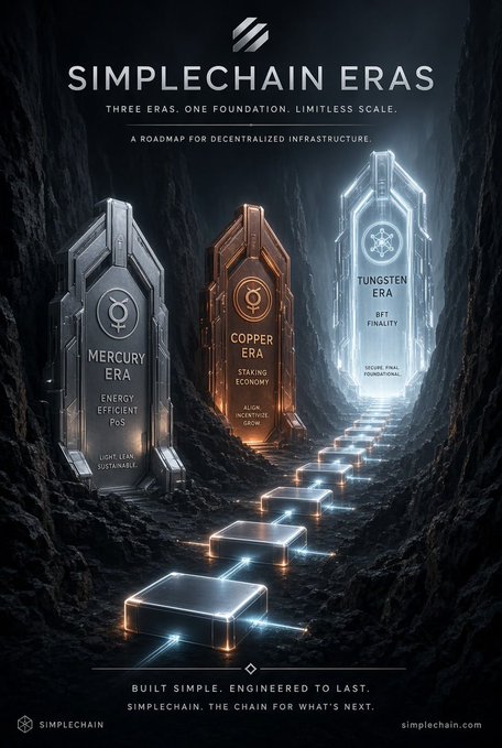A promotional graphic titled 'SIMPLECHAIN ERAS' with the tagline 'THREE ERAS. ONE FOUNDATION. LIMITLESS SCALE' showcases three pillars labeled MERCURY ERA, COPPER ERA, and TUNGSTEN ERA set in a futuristic dark landscape.