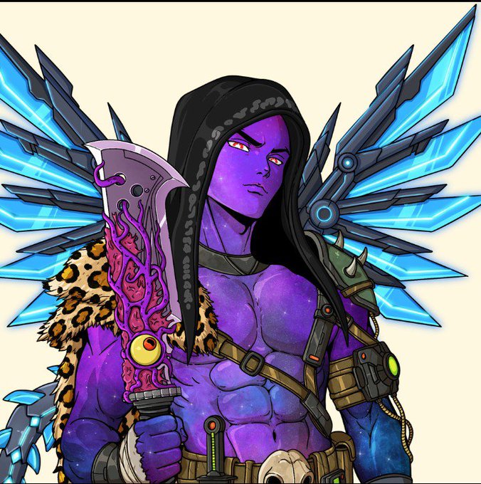 A digital illustration of a muscular purple-skinned character with glowing eyes, wearing a black hood, sporting cyan crystalline wings, and wielding a futuristic, eye-embedded sword.