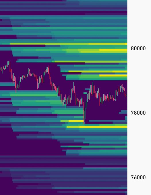 A financial heatmap chart showing price levels around 76000-80000, overlaid with a candlestick chart displaying market price movements.