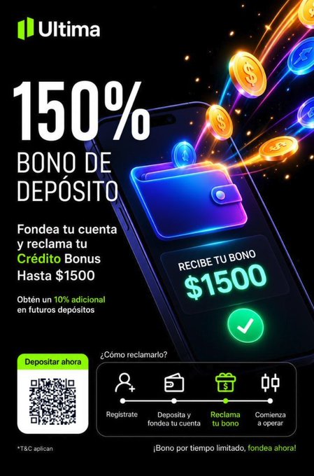A promotional advertisement in Spanish for 'Ultima' offering a 150% deposit bonus up to $1500, featuring an image of a smartphone with a wallet and glowing cryptocurrency coins.